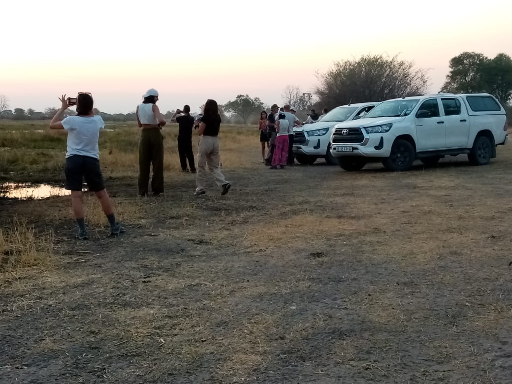 Self drive group at sunset, Botswana